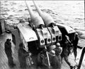 105-мм спаренная универсальная установка (10,5 cm SK С-33), состоявшая на вооружении кораблей германского флота, которыми намечалось вооружить легкий крейсер «Чкалов». Вид со стороны казенной части.