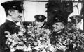 Возвращение «Л-3» в Кронштадт. 10 сентября 1942 г. Слева направо: командир подлодки П.Д. Грищенко, комиссар М.Ф Долматов, старпом В.К. Коновалов, старшина группы трюмных машинистов М.В. Вальцев.