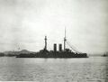 Эскадренный броненосец IJN Mikasa с кормовой мачтой, поврежденной в Цусимском сражении