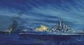Линкор USS Washington ведет огонь по японскому линкору IJN Kirishima в ночном бою 15 ноября 1942 г.
