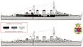 HMS Welshman, май-июнь (вверху, под французским флагом) и июль 1942 г. На врезке герб корабля.