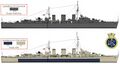 HMS Manxman, 1941 г. (вверху) 1945 г. На врезке герб корабля.