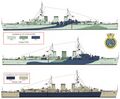 HMS Ariadne, февраль 1944 г. (вверху), май 1944 г. (в середине) и август 1945 г. На врезке герб корабля.