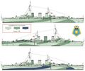 HMS Apollo, февраль 1944 г. (вверху), май 1944 г. (в середине) и август 1945 г. На врезке герб корабля.