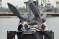 Коммандер Rich LeBron, командир эсминца управляемых ракет класса Arleigh-Burke USS Benfold (DDG 65), наносит первый слой золотой краски на якорь. 2012 год