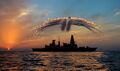 Вертолёт Lynx выпускает инфракрасные сигнальные ракеты над эсминцем HMS Dragon во время учений.