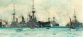 Линейный крейсер HMS Indefatigable (слева), линкоры HMS Neptune и HMS Thunderer, 8 июля 1912 г. Рисунок Charles Dixon.