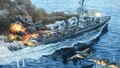 Художественное изображение нападения самолета-камикадзе на эсминец USS Laffey DD-724 во время битвы за Окинаву, 16 апреля 1945 г.