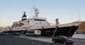 Теплоход «Любовь Орлова» со знаком ордена Дружбы народов на носовой надстройке.