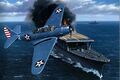 Художественная графика - торпедоносец Douglas TBD Devastator пролетает рядом с авианосцем IJN Shōhō (1942) после сброса торпеды в ходе сражения в Коралловом море
