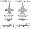 Три проекции и сравнительные размеры McDonnell Douglas F/A-18 Hornet и Boeing F/A-18E/F Super Hornet