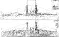 Линкор USS New York, 1923 г. Вид сбоку и продольный разрез.