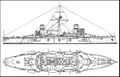Схема крейсера IJN Nisshin. Вид сбоку и сверху.