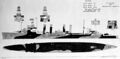 Схема камуфляжа Ms-32/1D крейсеров типа Omaha (использовалась на USS Raleigh и др.), 9 августа 1943 г. Левый борт, вид сверху, надстройки. Копия подлинного эскиза