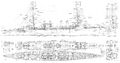 Легкий крейсер USS Omaha. Вид сбоку, планы верхней палубы, уровней кормовой надстройки, главной палубы, уровней и мостиков носовой надстройки, сечение по шп.25. Копия подлинного чертежа