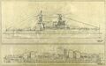 Линкор USS Arizona, 1928 г. Вид справа и продольный разрез.