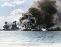 Американские линкоры во время нападения на Пёрл-Харбор. Справа налево - USS Arizona, USS Tennessee и USS West Virginia.
