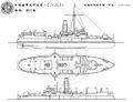 Чертеж броненосного крейсера Pingyuan в 3 видах