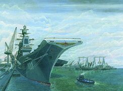 ТАКР «Леонид Брежнев» у достроечной стенки, иллюстрация из журнала Soviet Military Power 1987 года