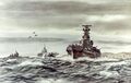 Линкоры USS Alabama и HMS King George V, авианосец HMS Illustrious у берегов Норвегии в июле 1943 г. В воздухе два «Seafire» и «Martlet». Акварель «Силы двух флотов» Dwight Shepler, МО США, 1943 год.