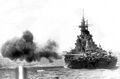 Линкор USS Missouri ведет огонь, 1945 г.