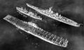 Линкор USS Wisconsin, авианосец USS Antietam и судно снабжения USS Rainier. Корея, 8 февраля 1952 г.