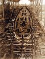 Сборка корпуса USS Houston в сухом доке. Вид спереди. 2 января 1929 года
