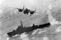 Бомбардировщик B-25J-5-NC Mitchell атакует японский корабль.